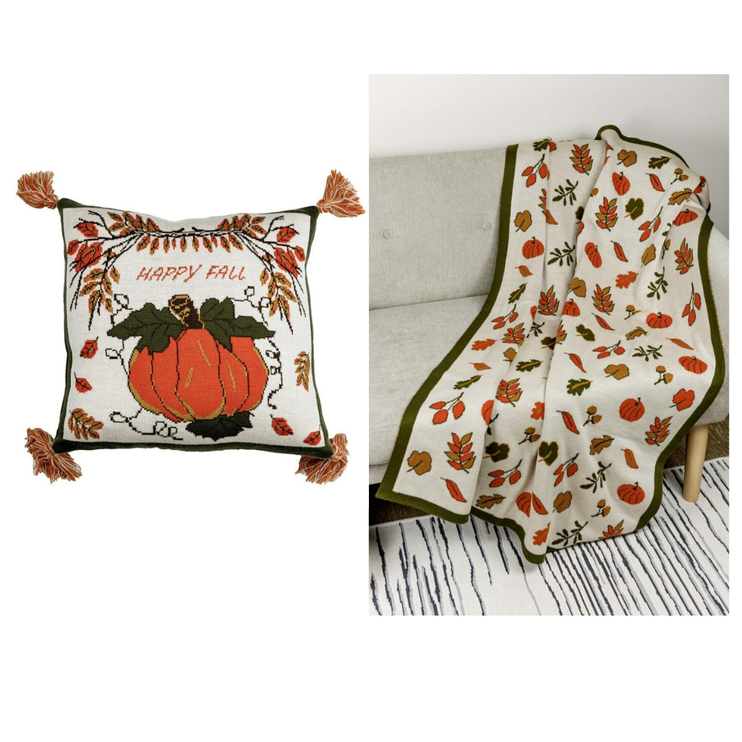 Knitted Fall Blanket | Pumpkin and Autumn Leaves Throw | Halloween Thanksgiving Home Decor | Cozy Living Room Gift
