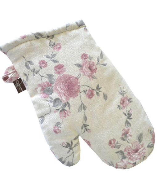 English Roses Cotton Kitchen Apron, Potholder And Oven Mitten With Lace | French Style Floral Textile Set, Housewarming Gift