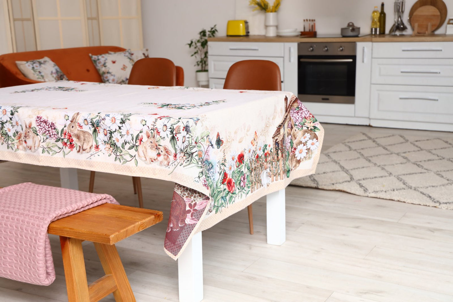 Beige Tapestry Tablecloth With Rabbits And Flowers Pattern | Kitchen And Living Room Textile Set, Festive Home Decor, Present Idea.