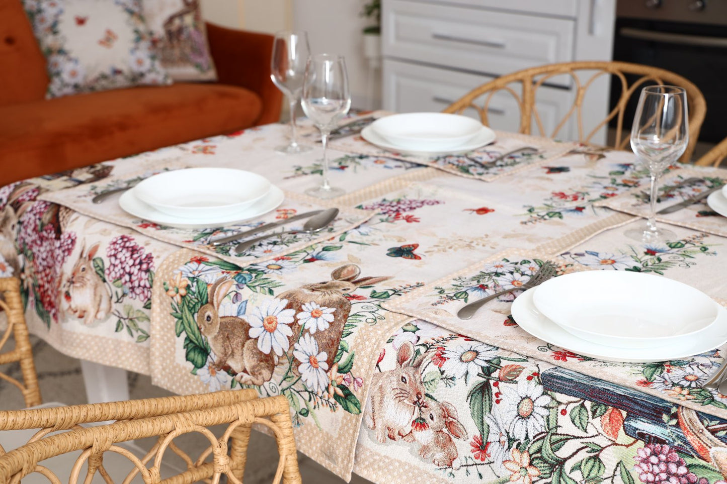 Beige Tapestry Tablecloth With Rabbits And Flowers Pattern | Kitchen And Living Room Textile Set, Festive Home Decor, Present Idea.