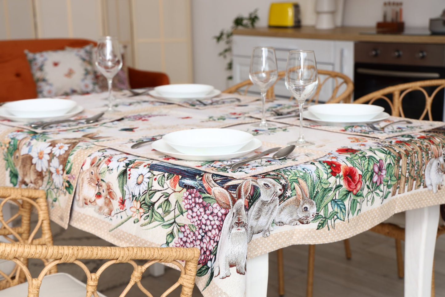 Beige Tapestry Tablecloth With Rabbits And Flowers Pattern | Kitchen And Living Room Textile Set, Festive Home Decor, Present Idea.