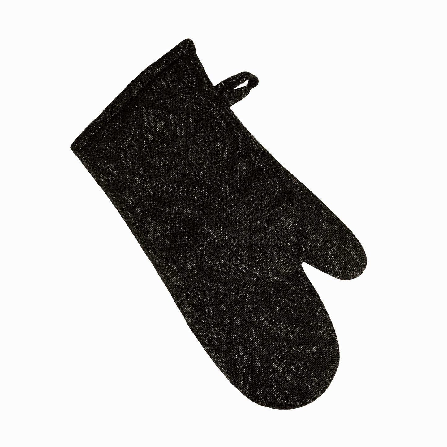 Black floral baroque oven mitt isolated on a white background