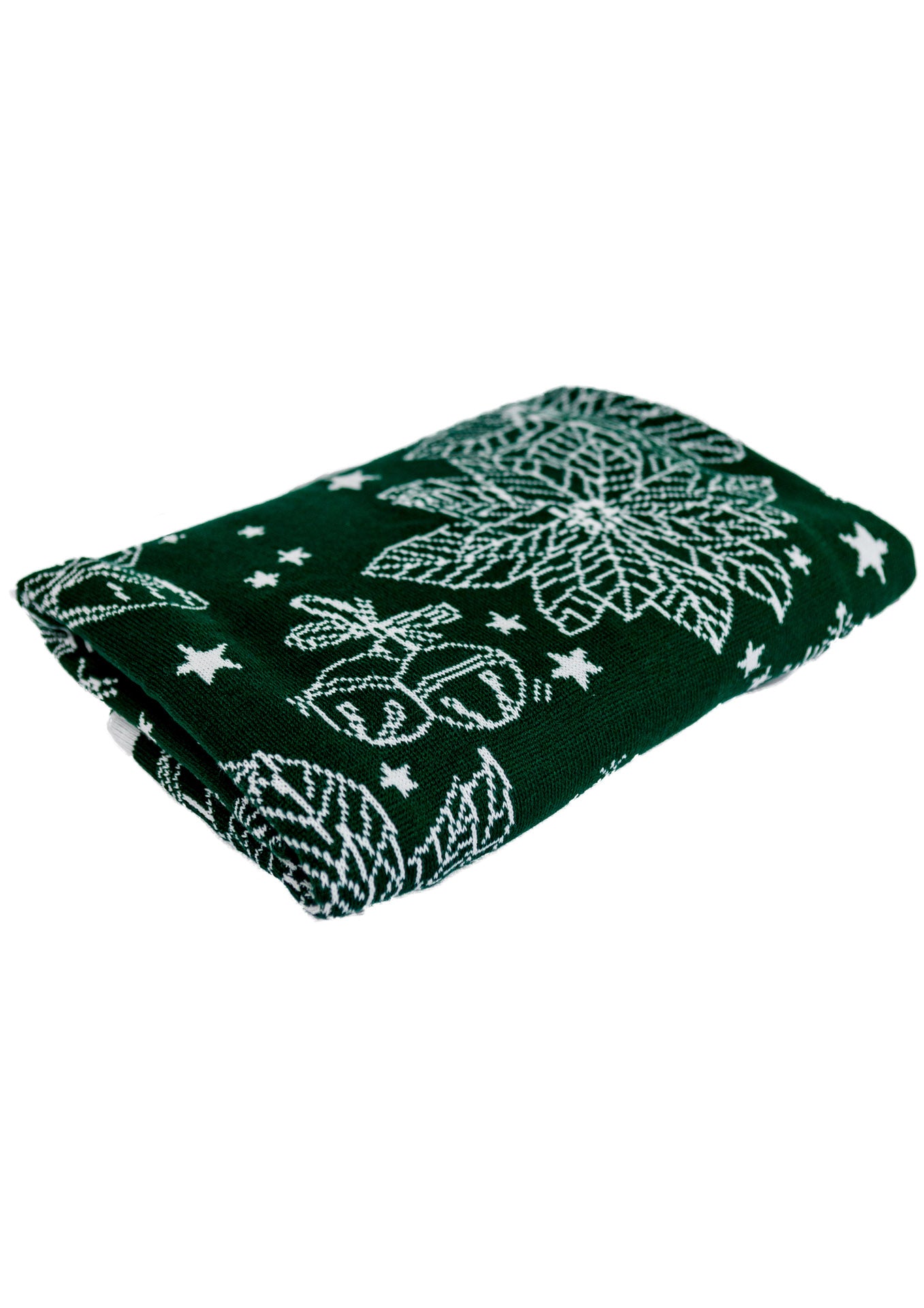Green Knitted Christmas Pillowcase With Poinsettia Flower, Bells And Snowflakes Pattern | Festive Warm Winter Textile Set, Housewarming Gift