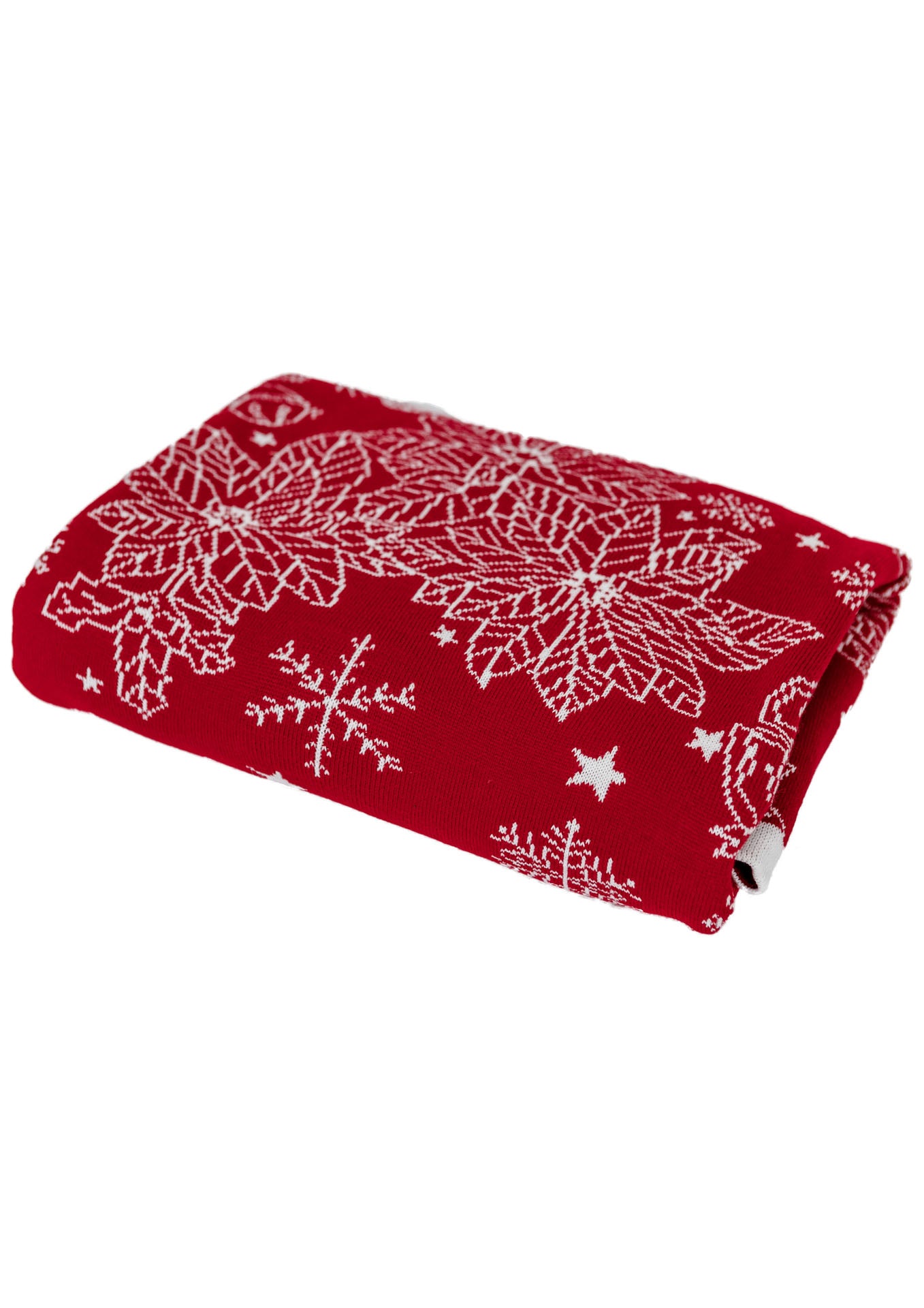Red Knitted Christmas Blanket With Poinsettia Flower, Bells And Snowflakes Pattern | Festive Warm Winter Textile Set, Housewarming Gift