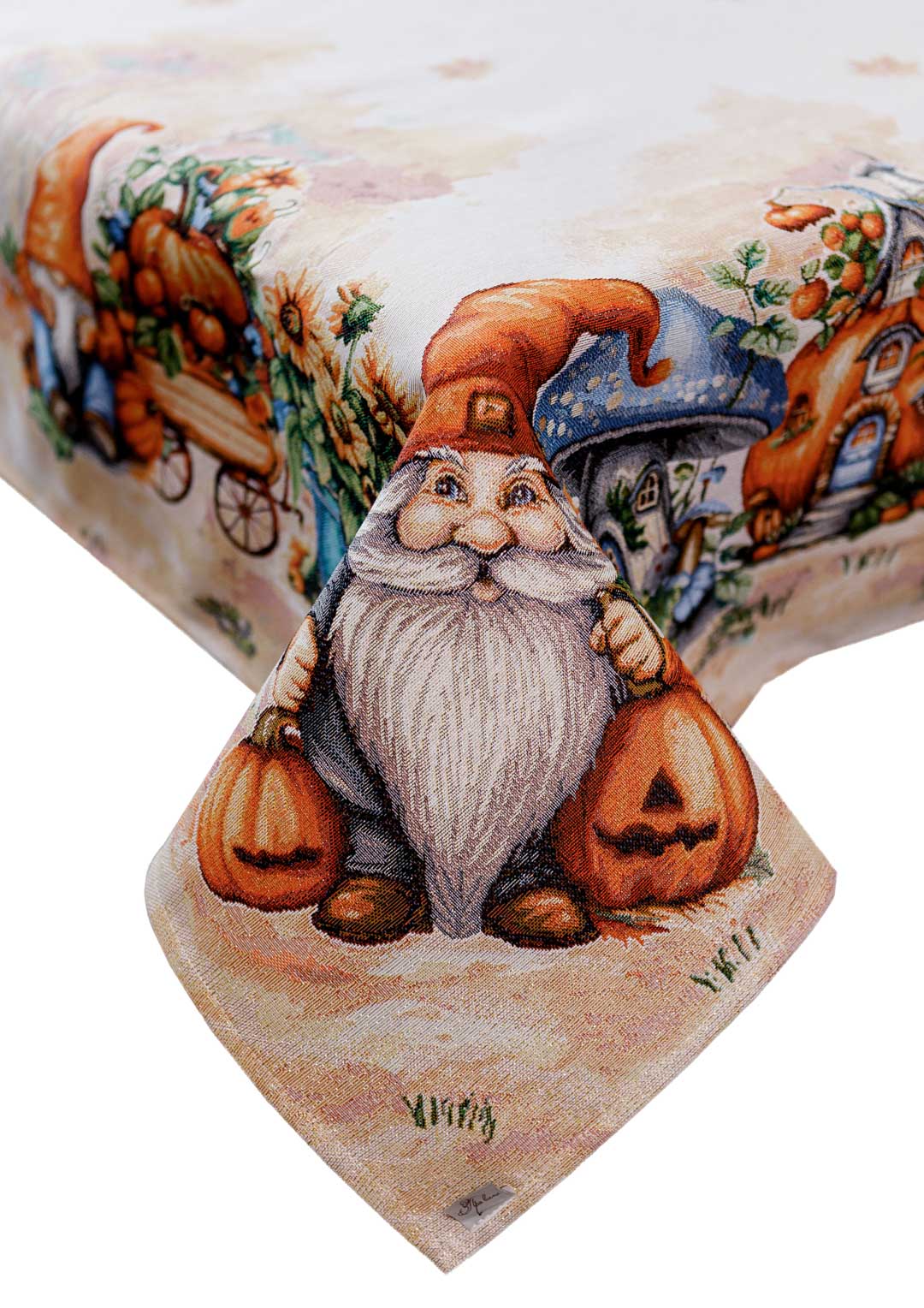 Autumn Gnomes Tapestry Tablecloth | Fall Harvest Table Decor, Halloween Pumpkins Table Cover | Thanksgiving Kitchen Decoration, Gnome Linen