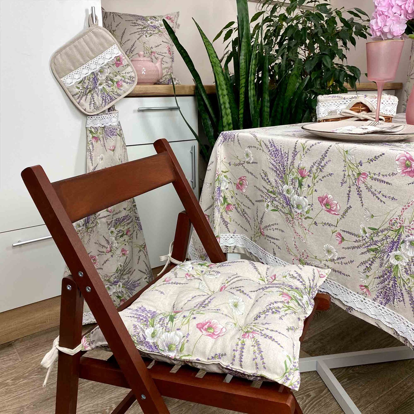 Cotton Tablecloth With Lavender Print And Lace Edging | Floral, Festive Kitchen Textile Set, Home Decor, Housewarming Present Idea
