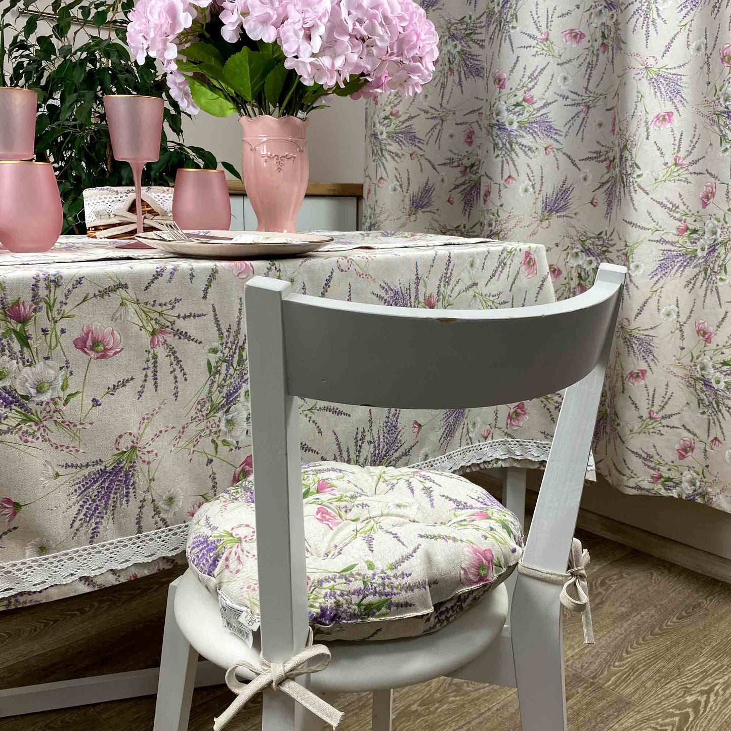 Cotton Tablecloth With Lavender Print And Lace Edging | Floral, Festive Kitchen Textile Set, Home Decor, Housewarming Present Idea