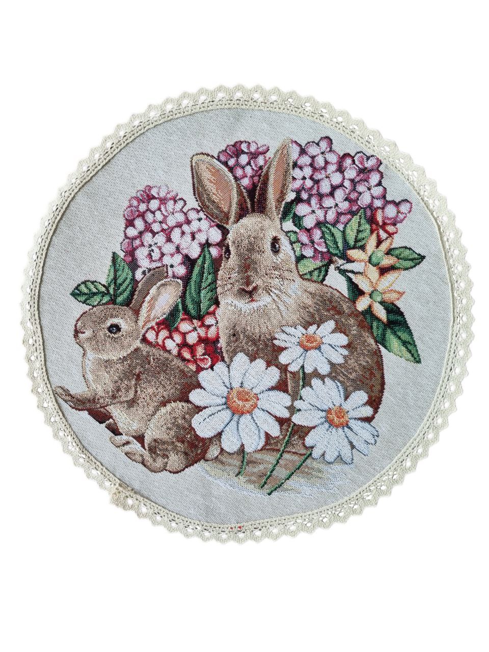 Beige Tapestry Tablecloth With Rabbits And Flowers Pattern | Kitchen And Living Room Textile Set, Festive Home Decor, Present Idea.