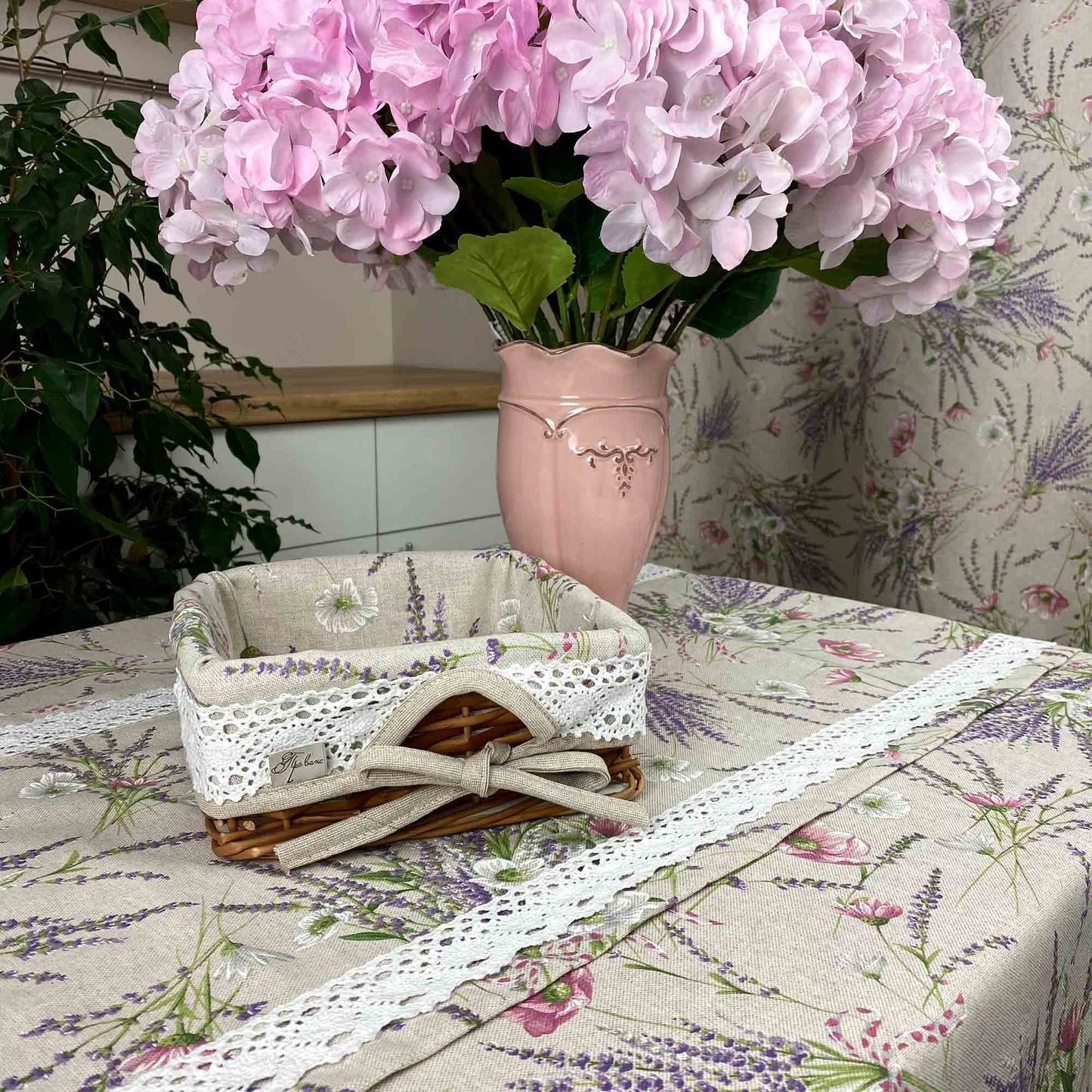 Cotton Tablecloth With Lavender Print And Lace Edging | Floral, Festive Kitchen Textile Set, Home Decor, Housewarming Present Idea