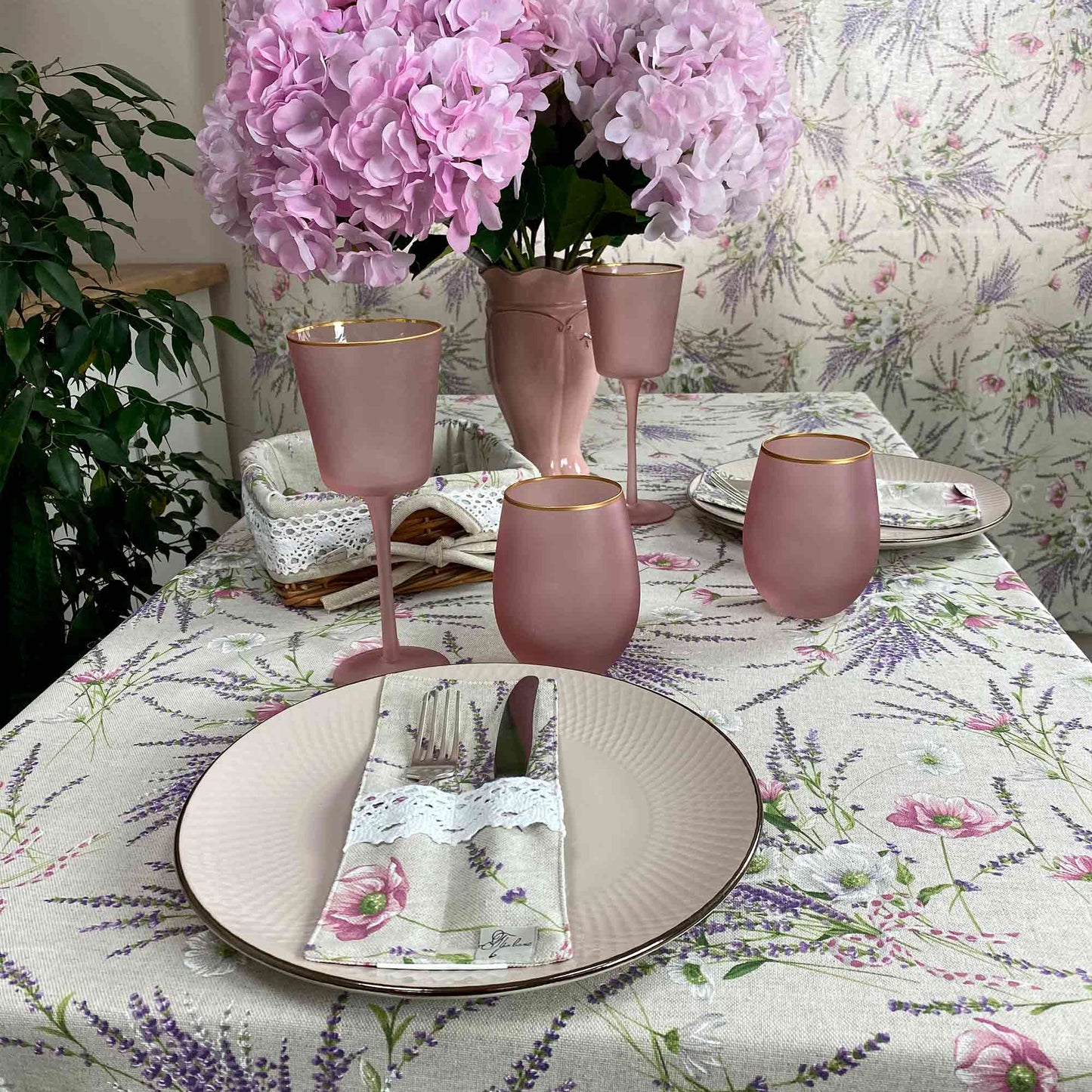 Cotton Tablecloth With Lavender Print And Lace Edging | Floral, Festive Kitchen Textile Set, Home Decor, Housewarming Present Idea