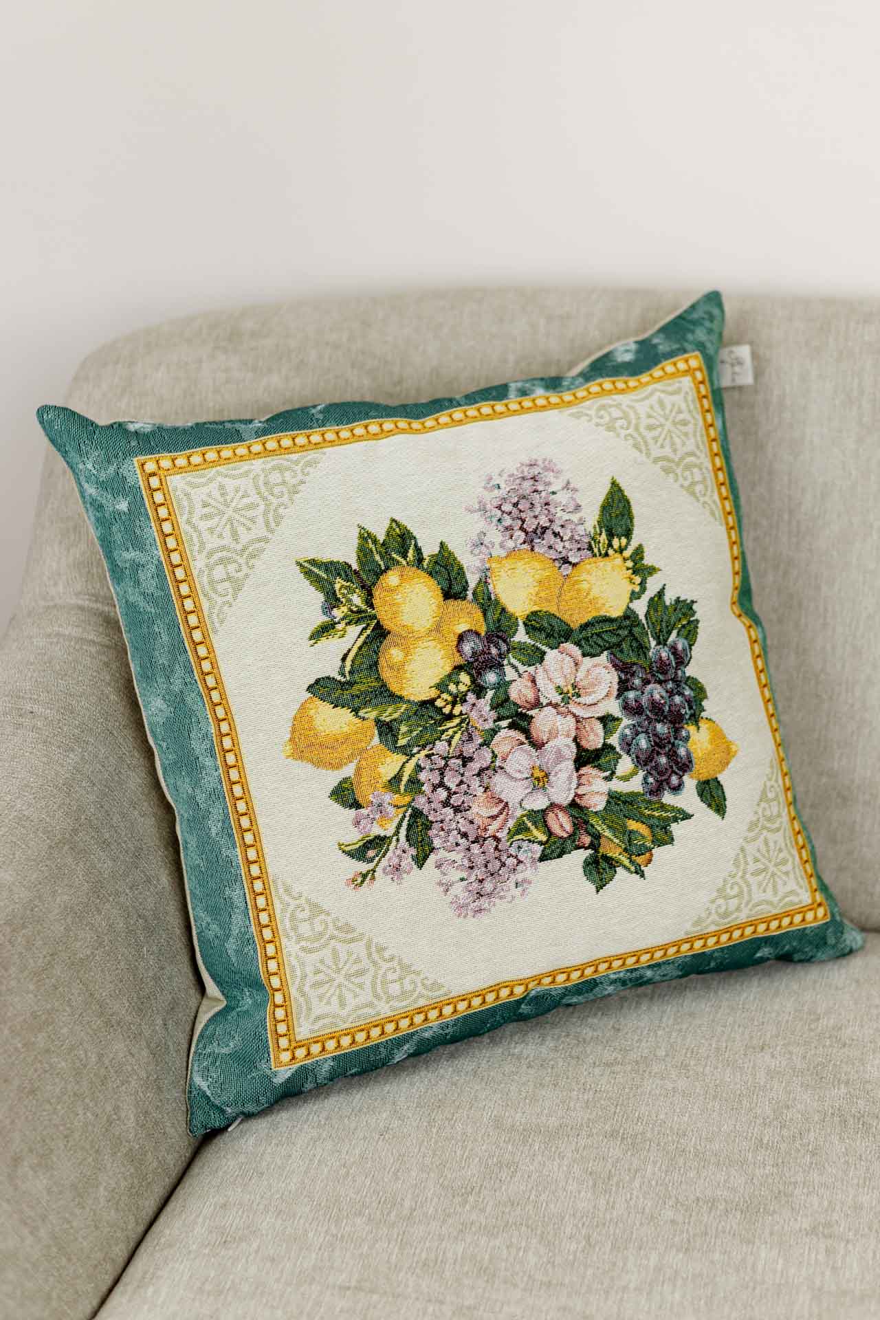 Green And Gold Tapestry Pillowcase With Lemons, Grapes, Flowers Pattern | Luxury Home Decor, Living Room Textile, Gift Idea