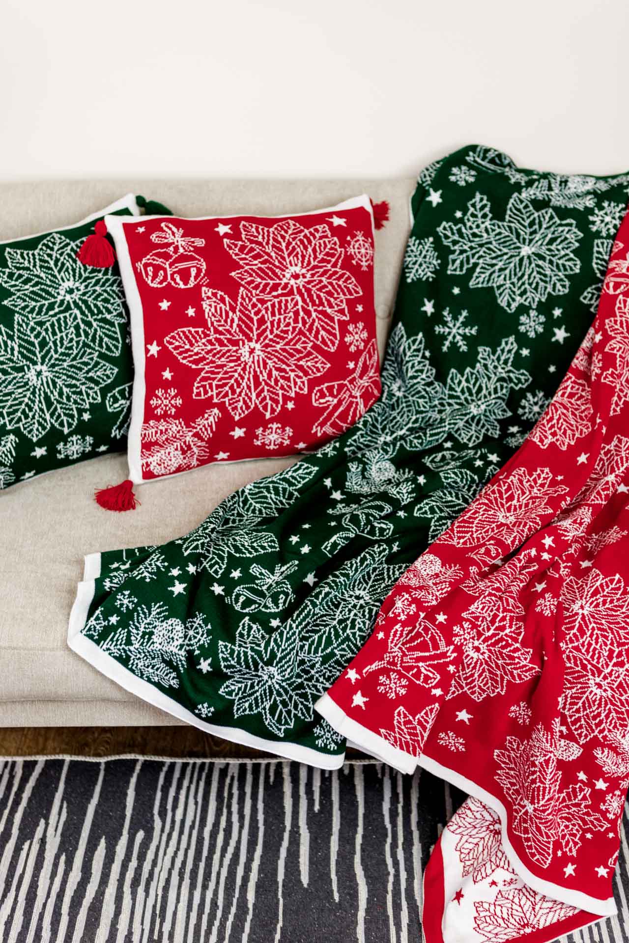 Green Knitted Christmas Pillowcase With Poinsettia Flower, Bells And Snowflakes Pattern | Festive Warm Winter Textile Set, Housewarming Gift