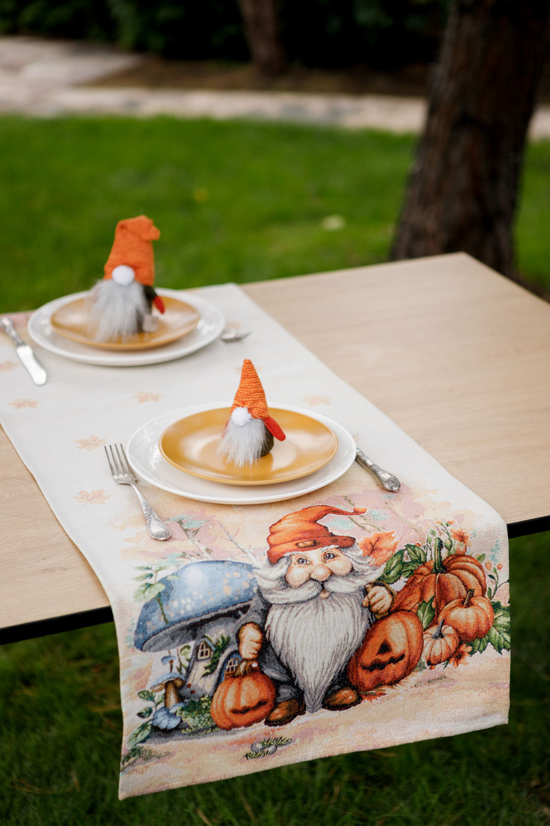Autumn Gnomes Tapestry Table Runner | Thanksgiving Home Decor, Halloween Pumpkins Table Cover | Fall Harvest Table Decor