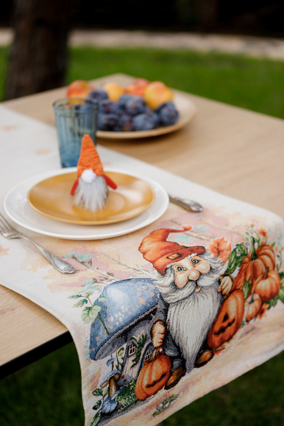 Autumn Gnomes Tapestry Table Runner | Thanksgiving Home Decor, Halloween Pumpkins Table Cover | Fall Harvest Table Decor