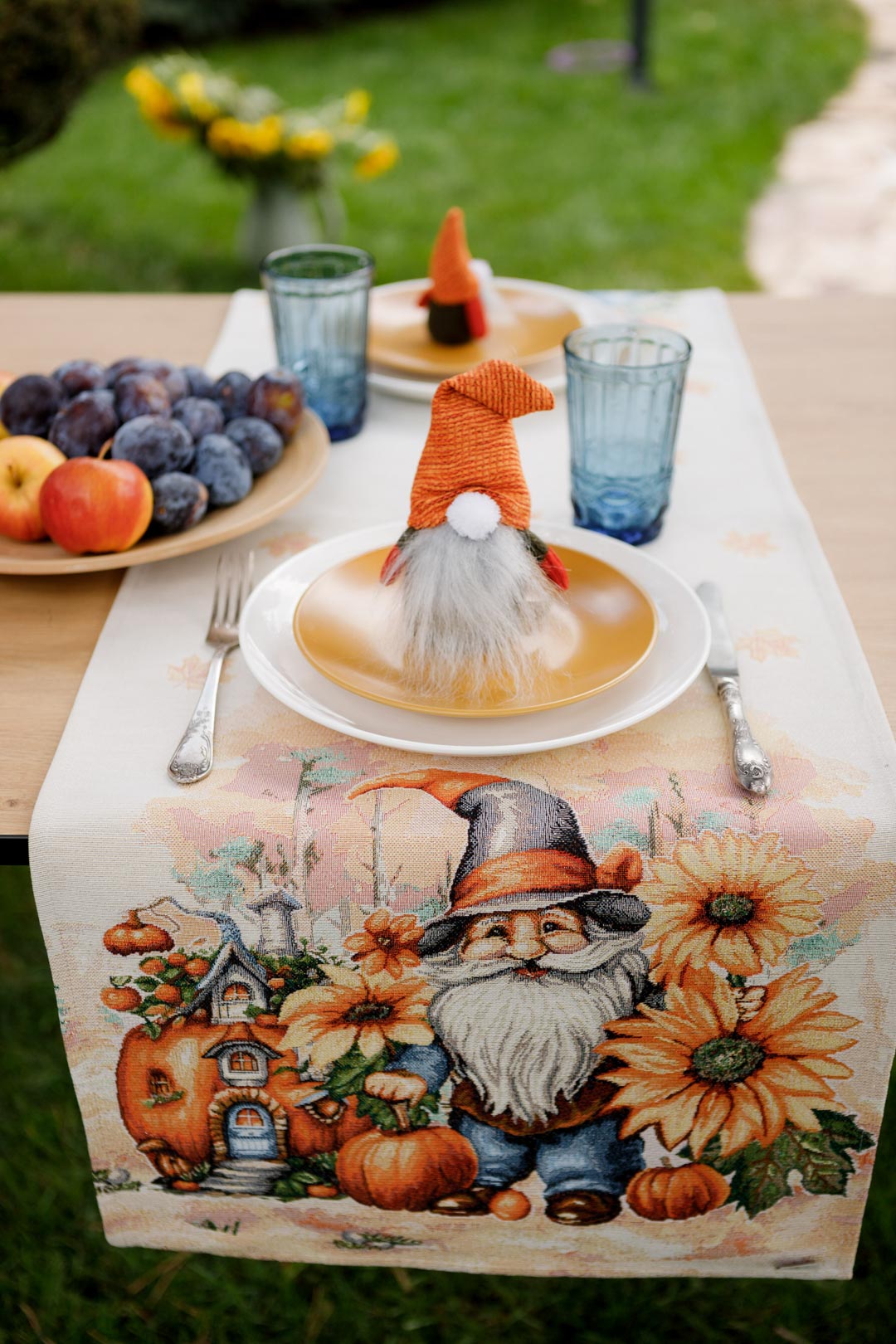 Autumn Gnomes Tapestry Table Runner | Thanksgiving Home Decor, Halloween Pumpkins Table Cover | Fall Harvest Table Decor