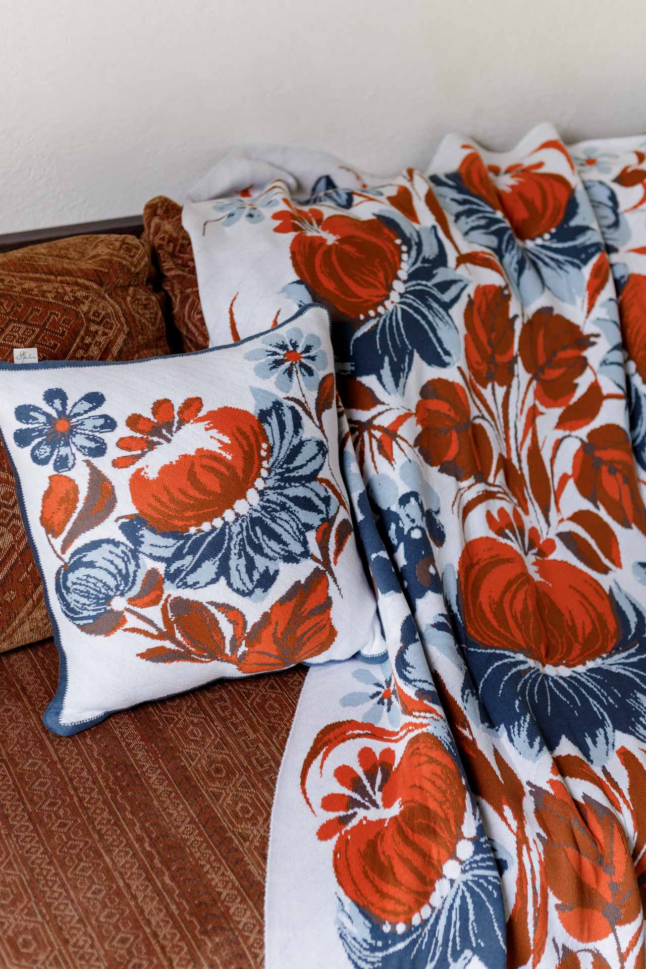 Ukrainian Style Knitted Throw Blanket, Petrykivka Floral Motif, Sofa Cover, Rustic Farmhouse Home Decor, Pillowcases With Bedspread Set