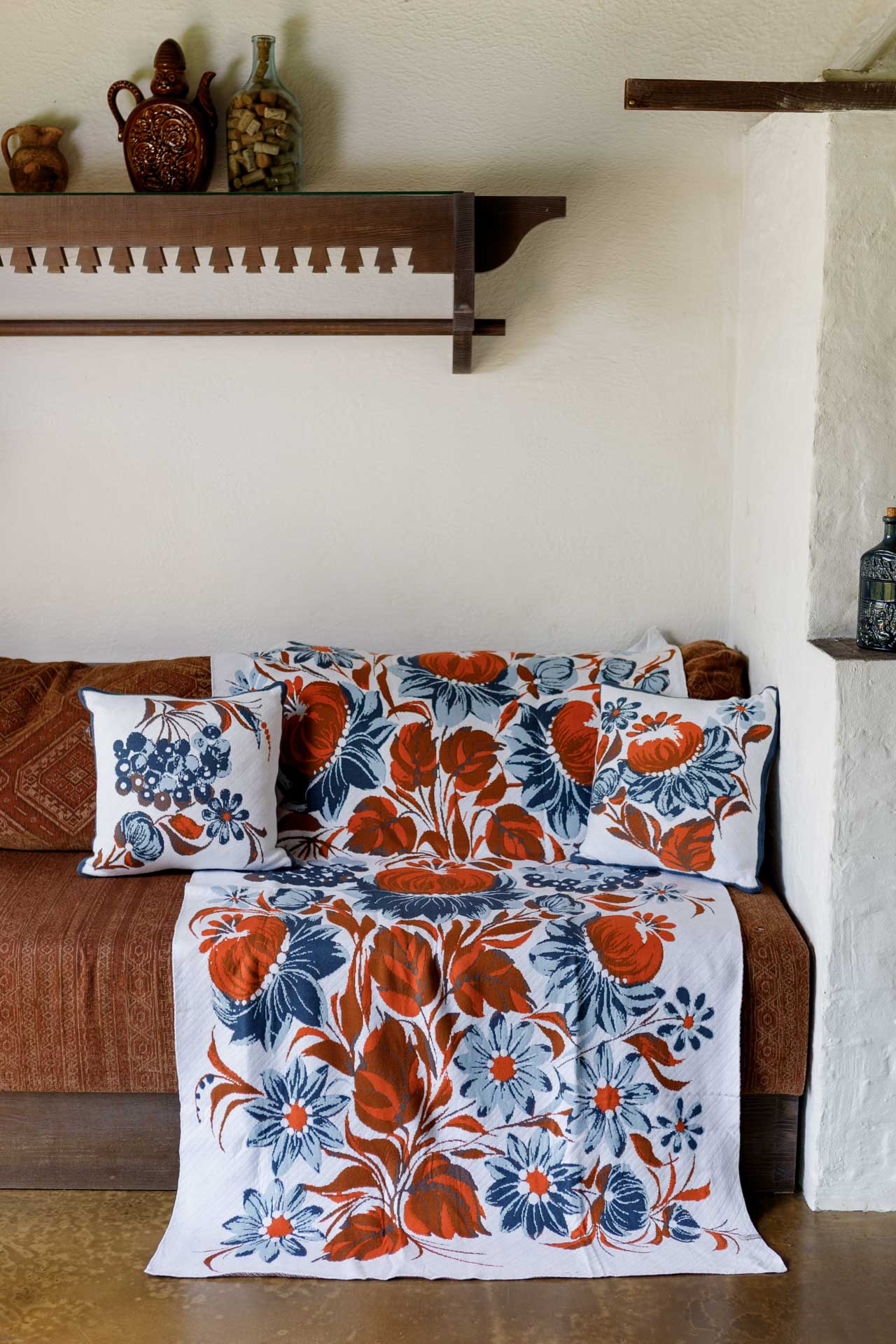 Ukrainian Style Knitted Throw Blanket, Petrykivka Floral Motif, Sofa Cover, Rustic Farmhouse Home Decor, Pillowcases With Bedspread Set
