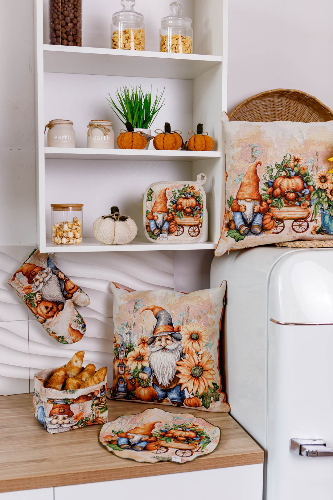 Autumn Gnomes Tapestry Kitchen Apron, Cup Coasters, Oven Mitten, Pot Holder Set | Thanksgiving Decor, Halloween Pumpkins Textile | Fall Harvest Table Decor