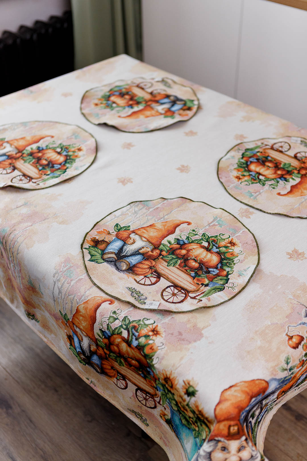 4 Round Autumn Gnomes Tapestry Placemats Set | Thanksgiving Kitchen Decor, Halloween Pumpkins Table Cover | Fall Harvest Table Decor