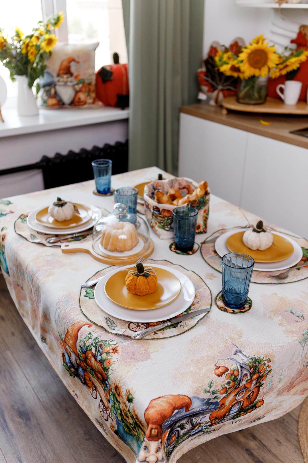 Autumn Gnomes Tapestry Tablecloth | Fall Harvest Table Decor, Halloween Pumpkins Table Cover | Thanksgiving Kitchen Decoration, Gnome Linen