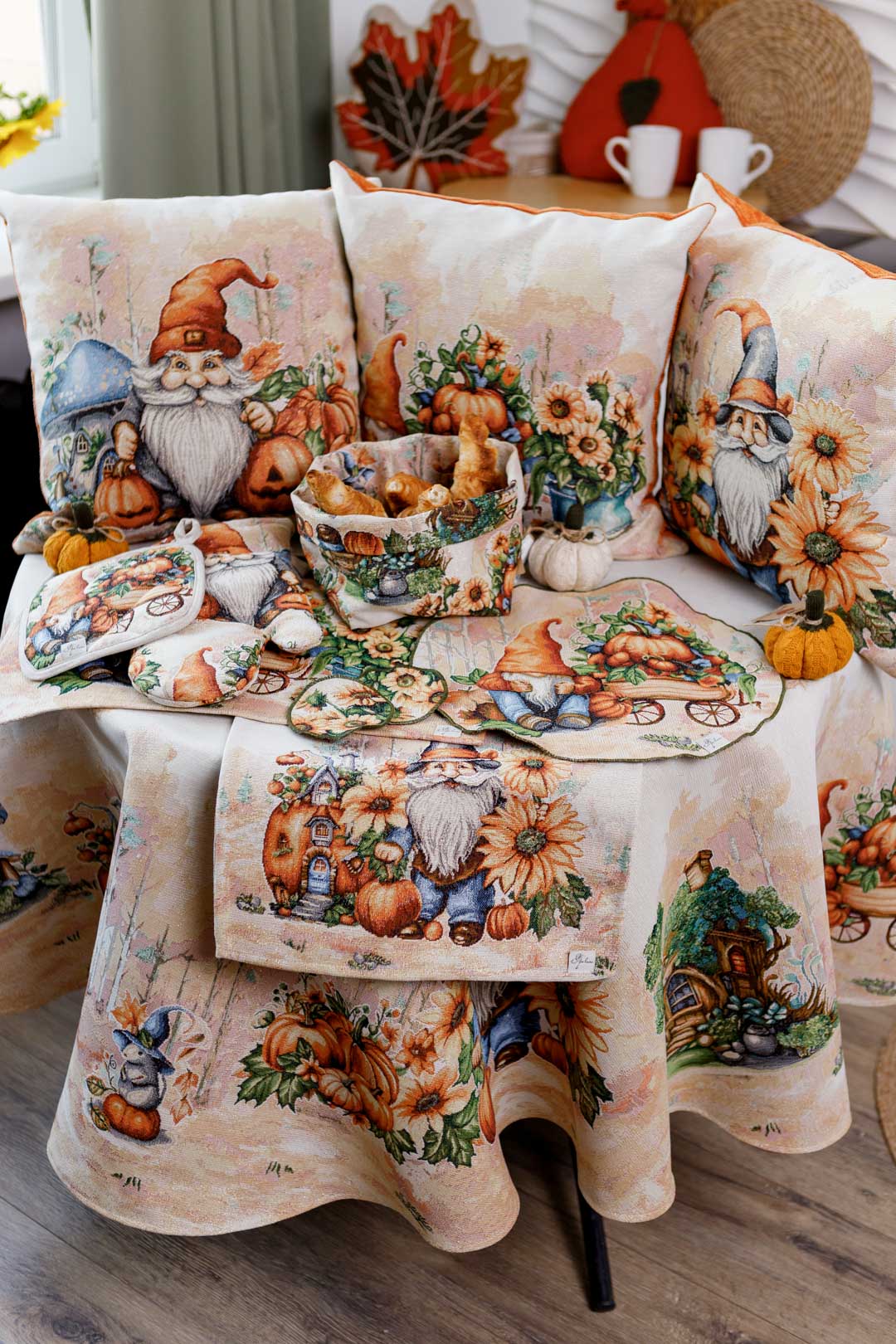 Autumn Gnomes Tapestry Tablecloth | Fall Harvest Table Decor, Halloween Pumpkins Table Cover | Thanksgiving Kitchen Decoration, Gnome Linen