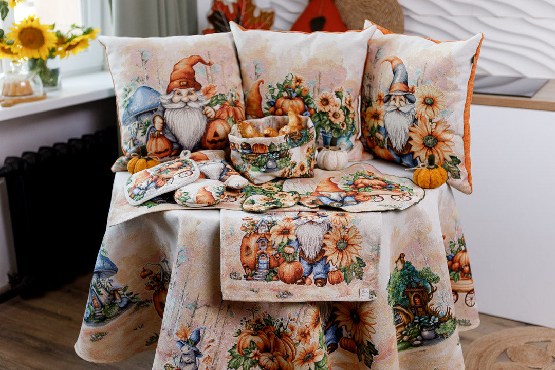 Autumn Gnomes Tapestry Tablecloth | Fall Harvest Table Decor, Halloween Pumpkins Table Cover | Thanksgiving Kitchen Decoration, Gnome Linen