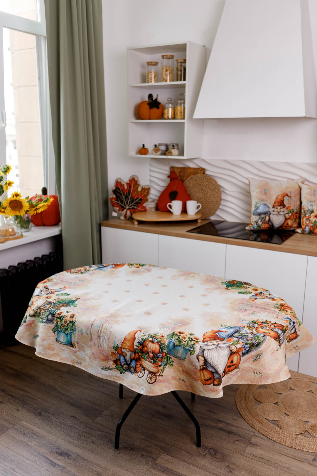 Oval Autumn Gnomes Tapestry Tablecloth | Thanksgiving, Fall Harvest Table Decor | Halloween Pumpkins Table Cover