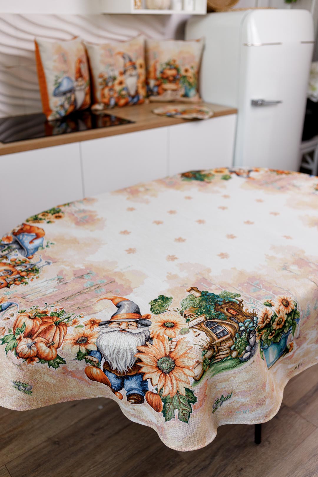 Oval Autumn Gnomes Tapestry Tablecloth | Thanksgiving, Fall Harvest Table Decor | Halloween Pumpkins Table Cover