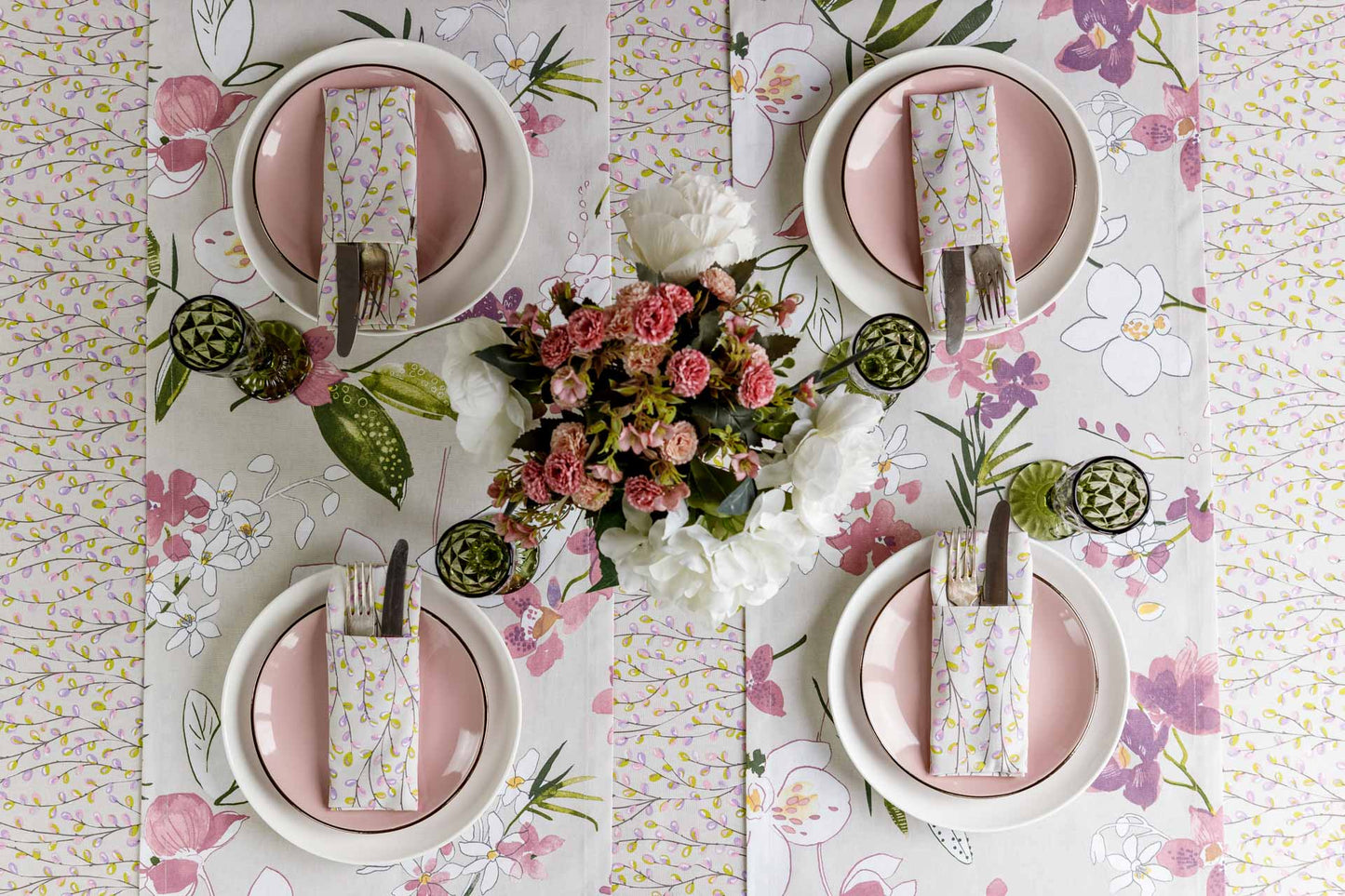 Cotton Orchid Pattern Tablecloth | Pink Floral Kitchen Textile Set, Housewarming Gift