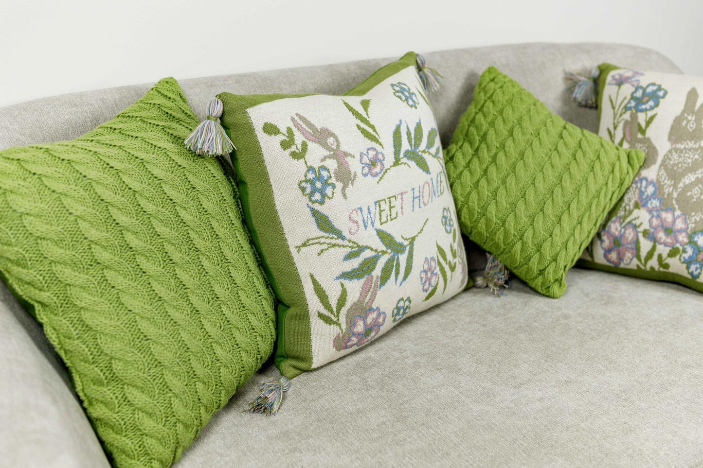 Knitted Pillowcase With Tassels, Bunnies, Flowers Pattern | Easter Festive Home Decor, Living Room, Bedroom Textile Set, Present Idea