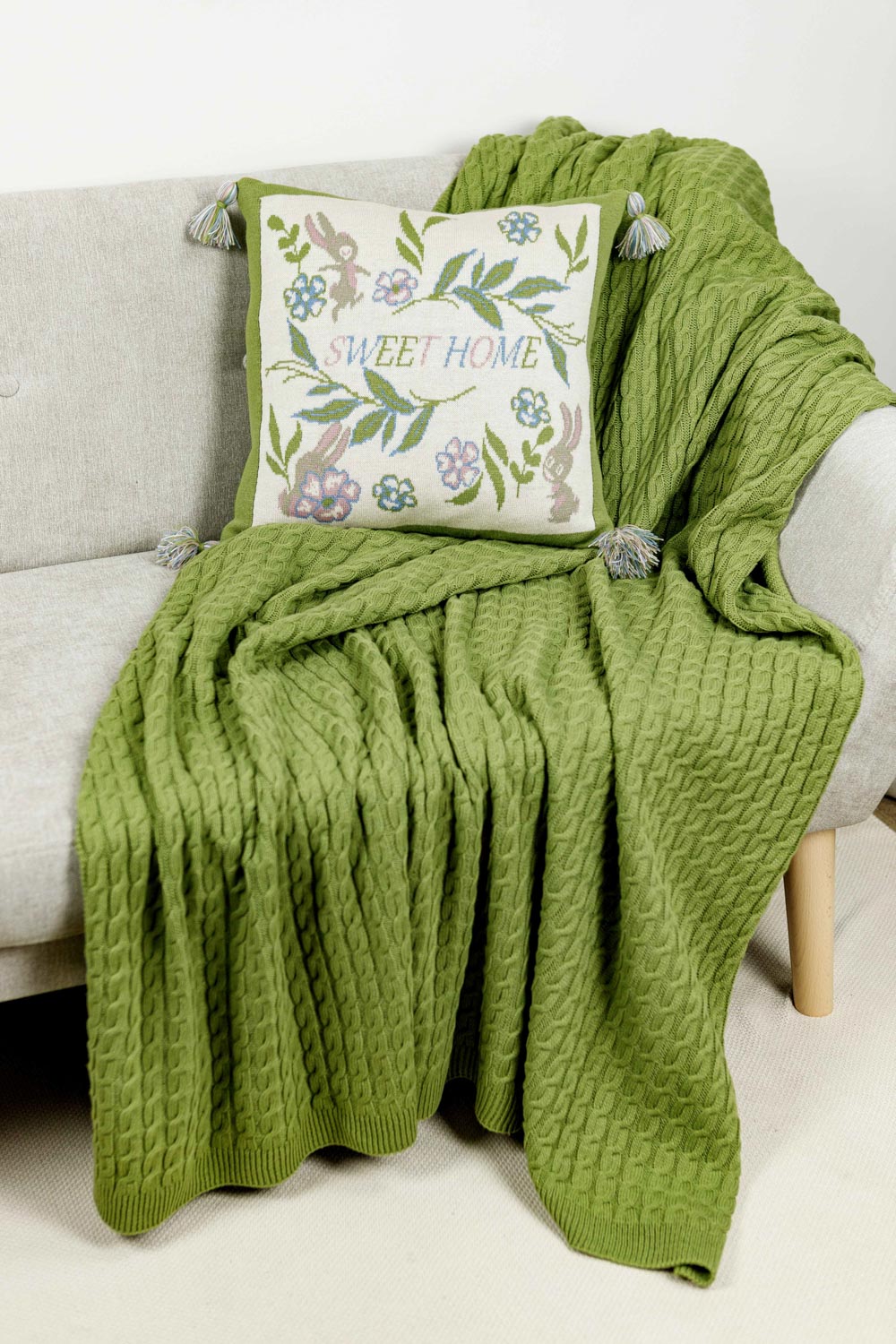 Knitted Pillowcase With Tassels, Bunnies, Flowers Pattern | Easter Festive Home Decor, Living Room, Bedroom Textile Set, Present Idea