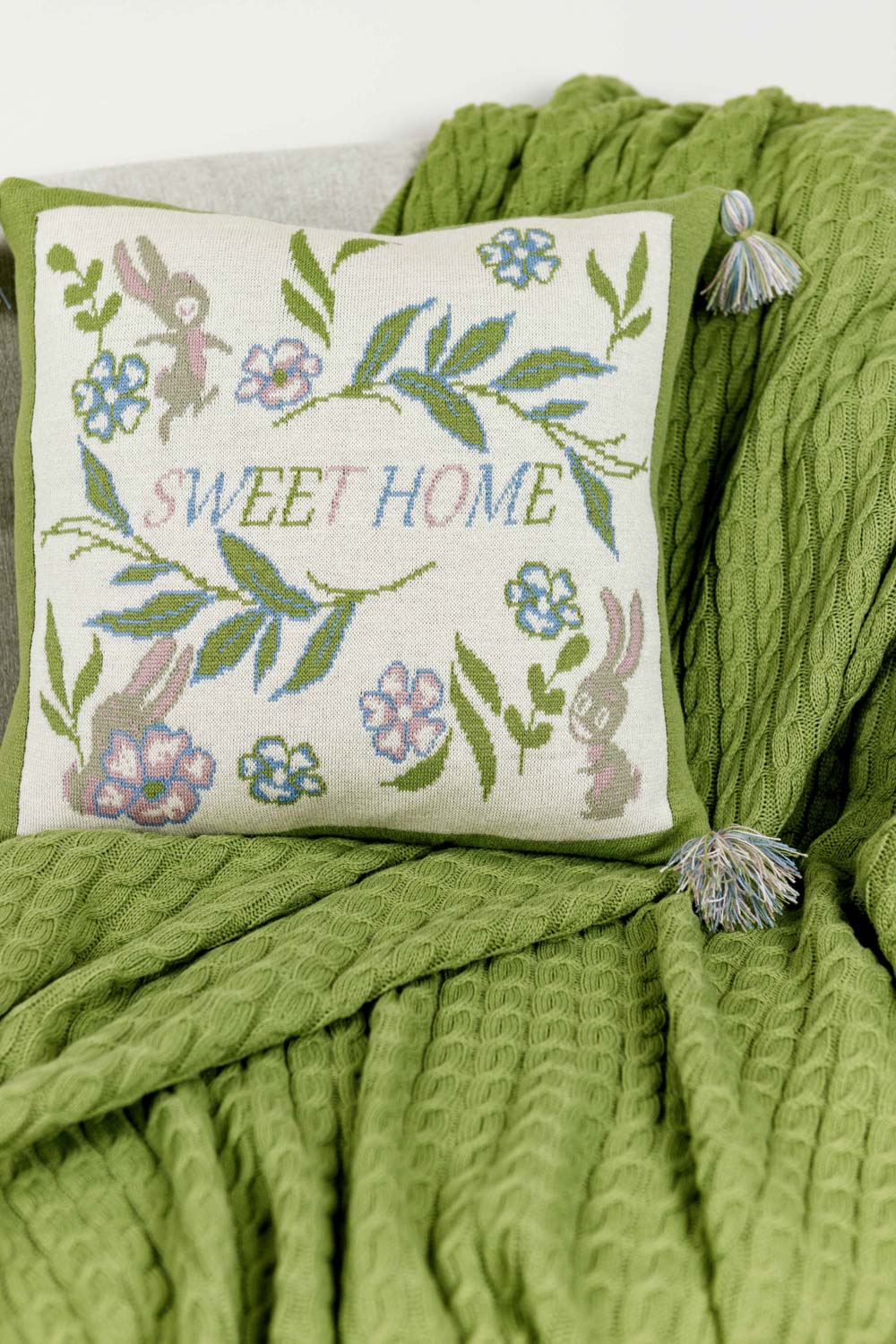 Knitted Pillowcase With Tassels, Bunnies, Flowers Pattern | Easter Festive Home Decor, Living Room, Bedroom Textile Set, Present Idea