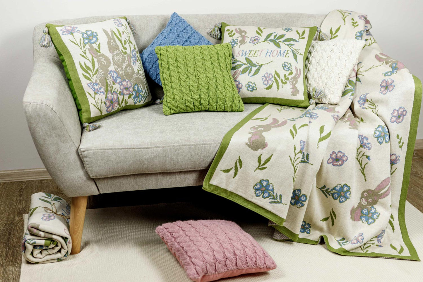 Knitted Pillowcase With Tassels, Bunnies, Flowers Pattern | Easter Festive Home Decor, Living Room, Bedroom Textile Set, Present Idea