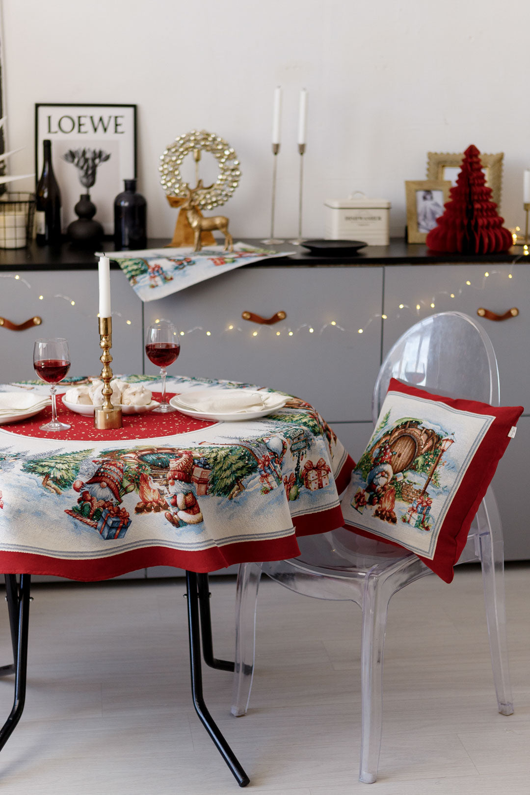 Red Tapestry Pillowcase With Christmas Gnome, Presents And Bonfire Pattern | Winter Holidays Textile, Festive Home Decor