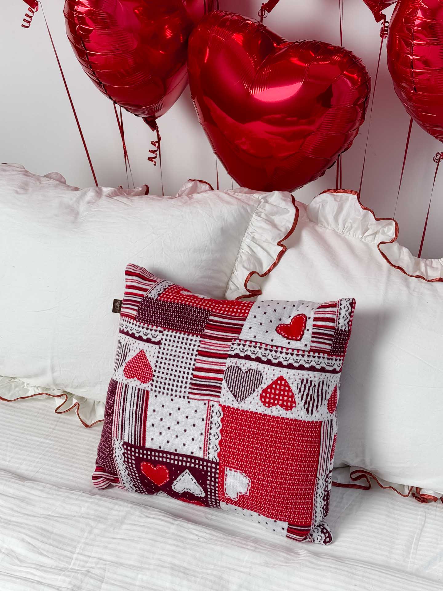 Red knitted blanket with hearts, lace, patchwork pattern | St Valentine's Day present idea, festive home decor, living room throw