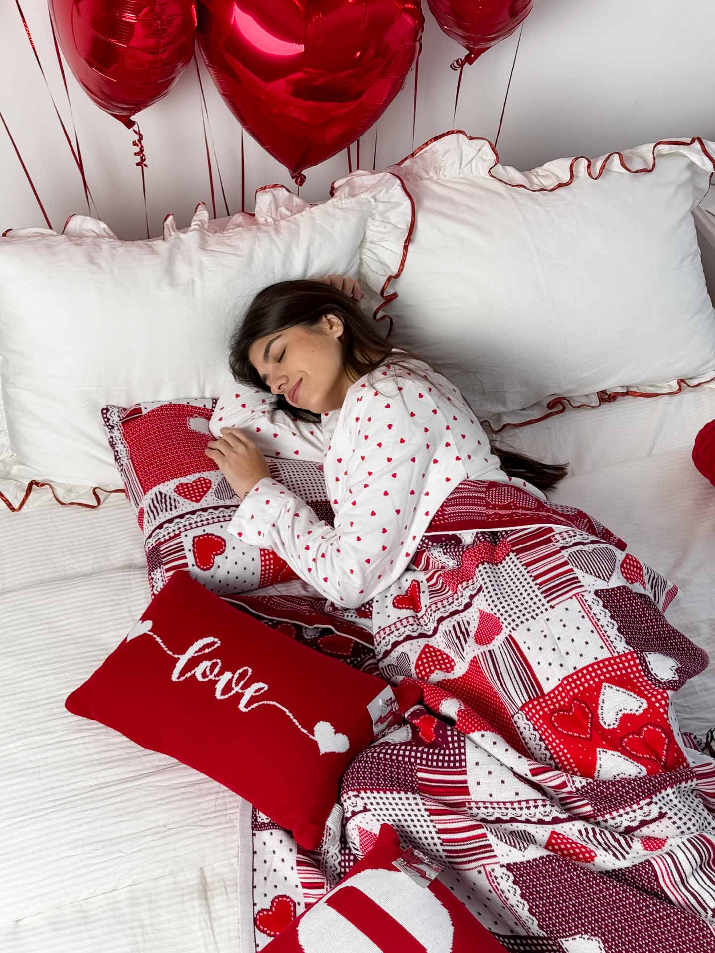 Red knitted blanket with hearts, lace, patchwork pattern | St Valentine's Day present idea, festive home decor, living room throw
