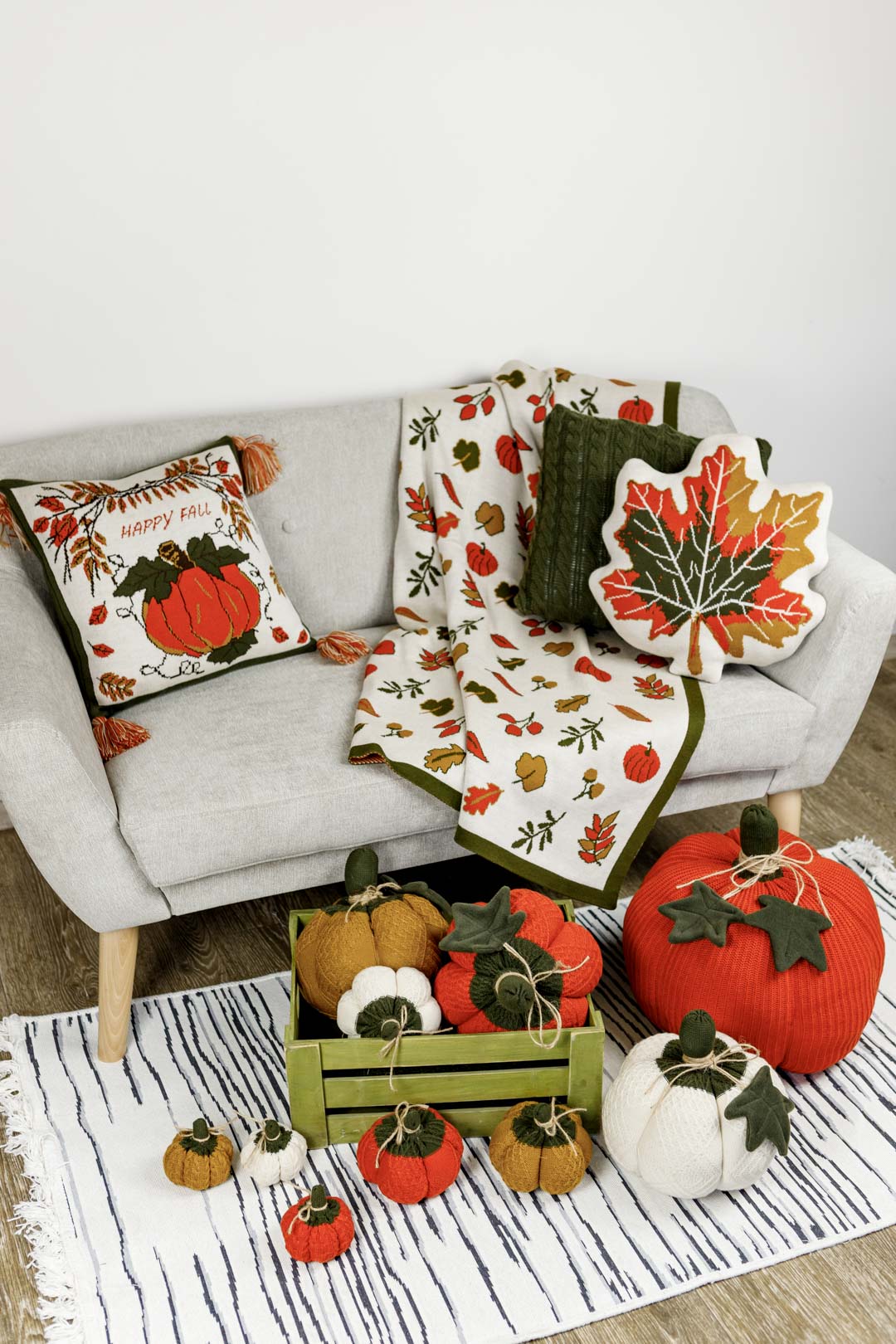 Knitted Fall Blanket | Pumpkin and Autumn Leaves Throw | Halloween Thanksgiving Home Decor | Cozy Living Room Gift