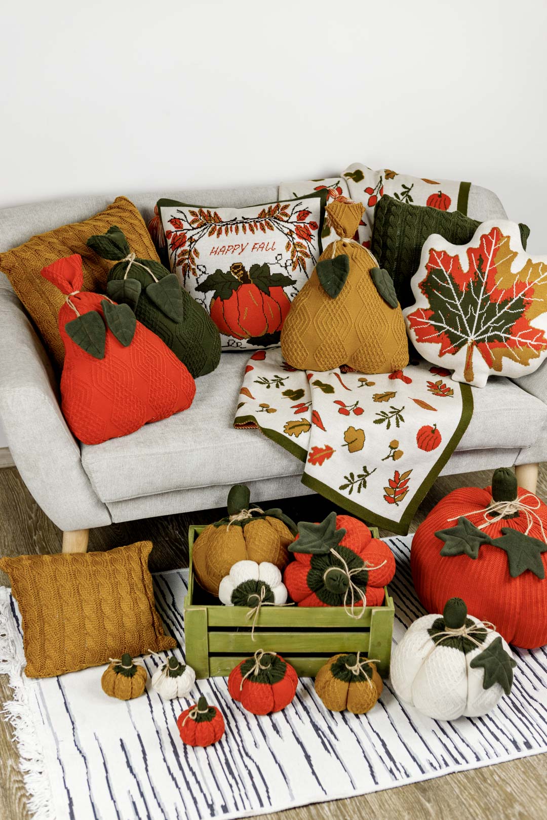 Knitted Fall Blanket | Pumpkin and Autumn Leaves Throw | Halloween Thanksgiving Home Decor | Cozy Living Room Gift