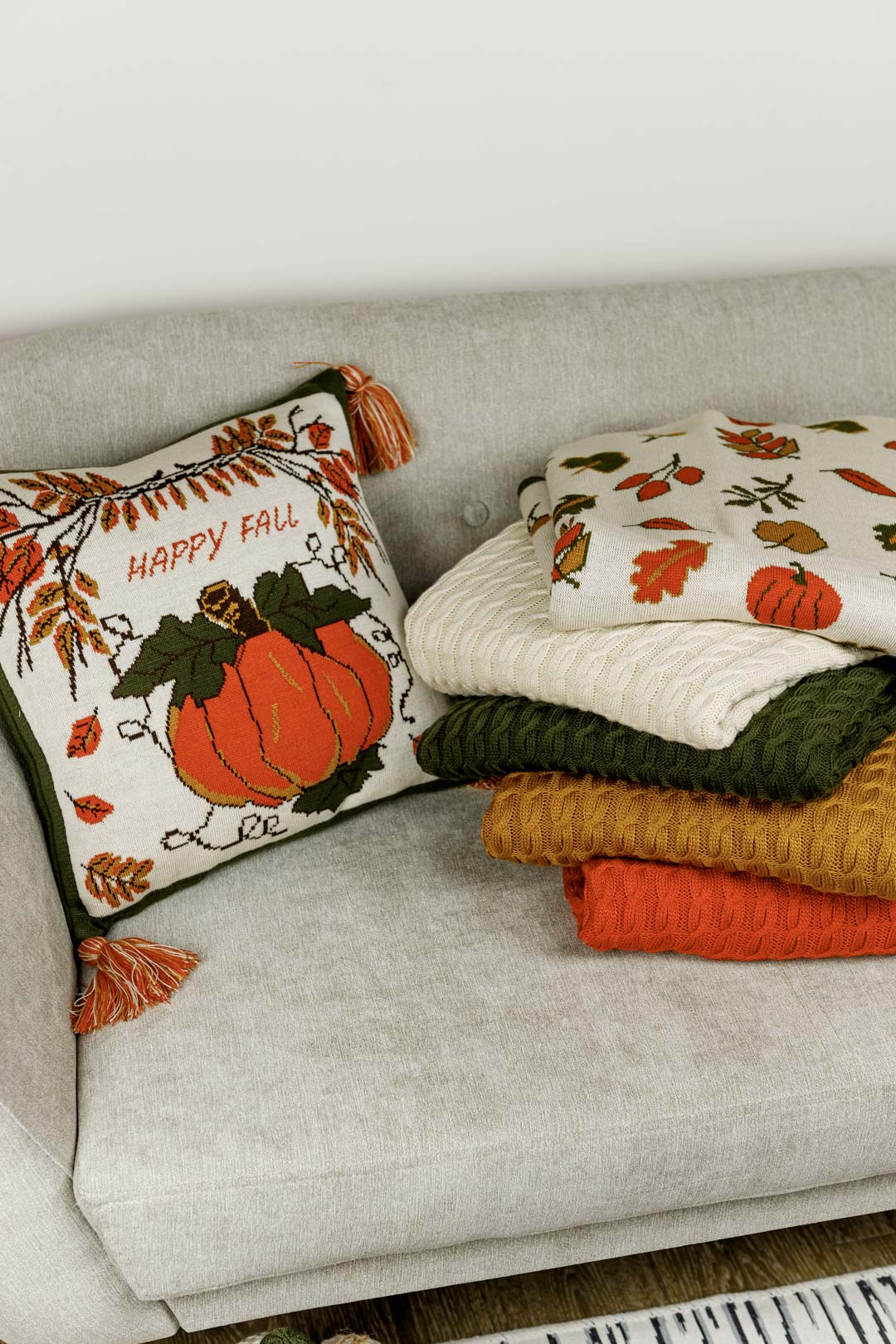 Knitted Fall Blanket | Pumpkin and Autumn Leaves Throw | Halloween Thanksgiving Home Decor | Cozy Living Room Gift