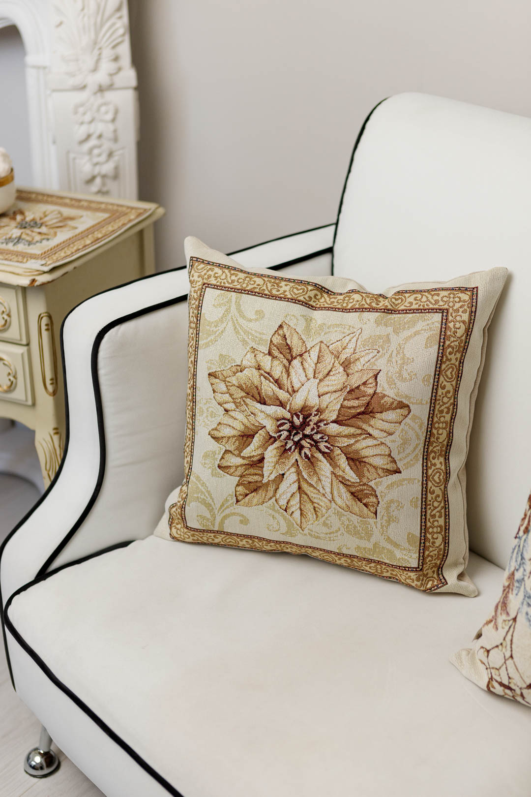 Gold Tapestry Pillowcase With Two Christmas Poinsettia Flowers Pattern | New Year Festive Textile Set, Winter Holidays Gift