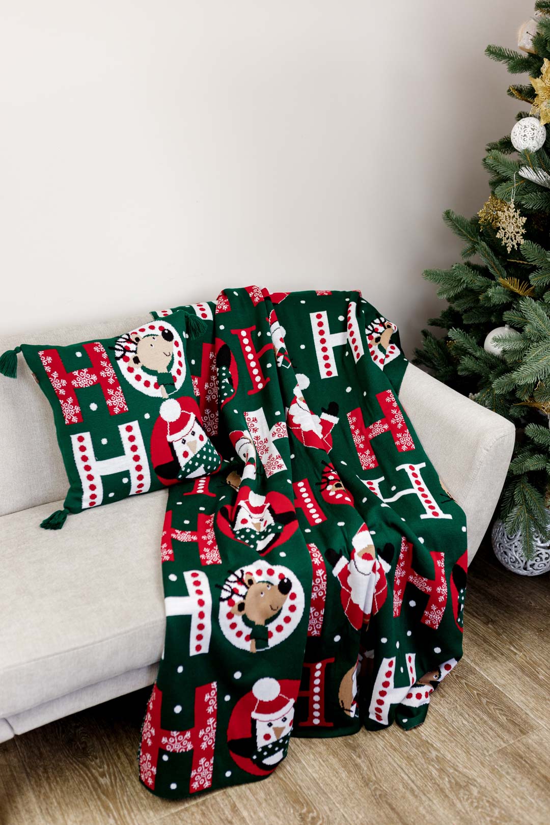 Green Christmas Blanket With Santa Claus, Reindeer, Penguin Pattern | Ho-Ho Words Print Throw, Housewarming Present