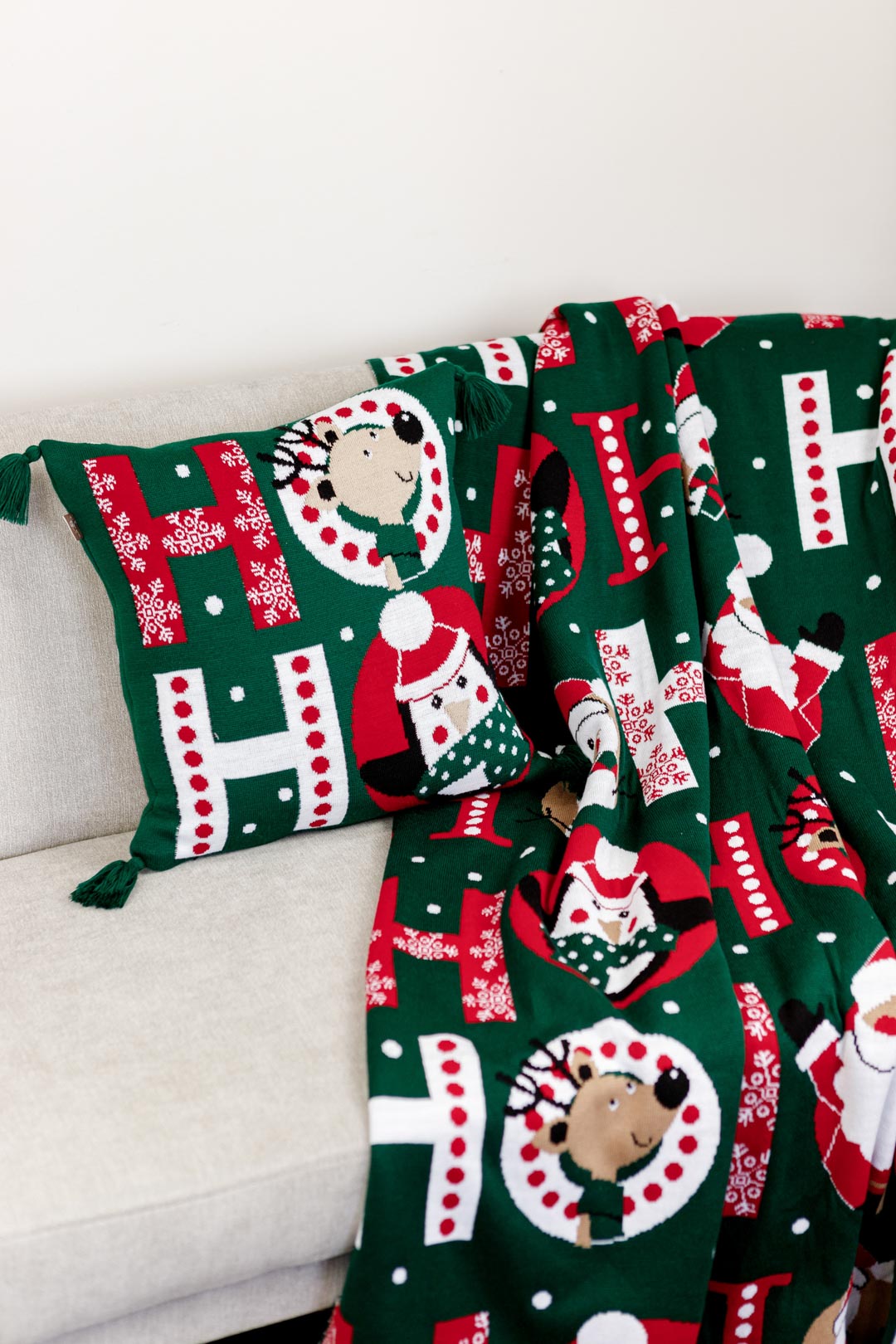 Green Christmas Blanket With Santa Claus, Reindeer, Penguin Pattern | Ho-Ho Words Print Throw, Housewarming Present
