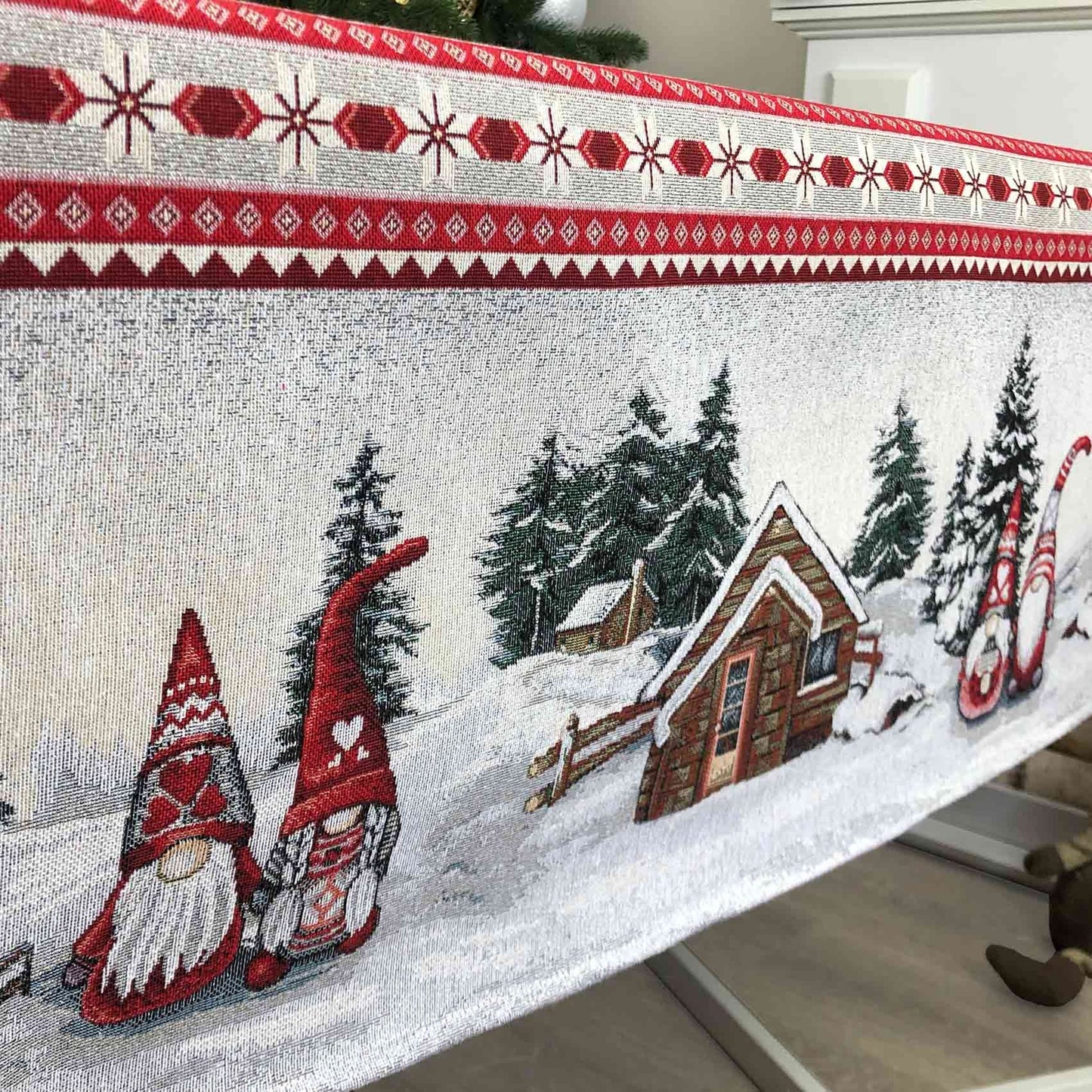 White Christmas Tapestry Tablecloth With Gnomes, Hut And Ukrainian Pattern | Festive New Year Home Decor, Winter Holiday Textile Print.