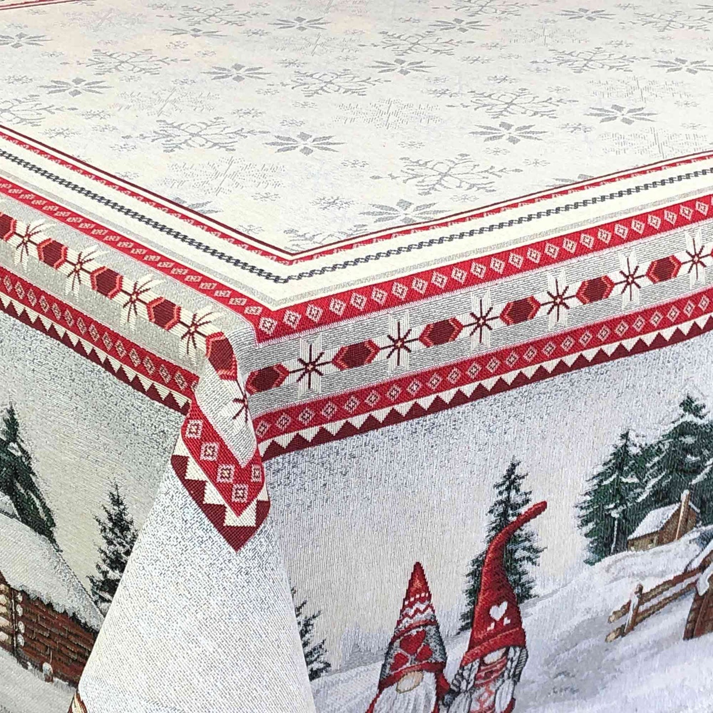 White Christmas Tapestry Tablecloth With Gnomes, Hut And Ukrainian Pattern | Festive New Year Home Decor, Winter Holiday Textile Print.
