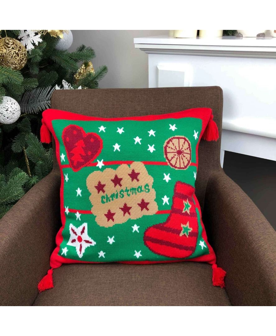 Green Knitted Pillowcase With Gingerbread Man Pattern | Festive Home Decor, Pillow Cover With Tassels, Winter Holidays Gift Idea For Family