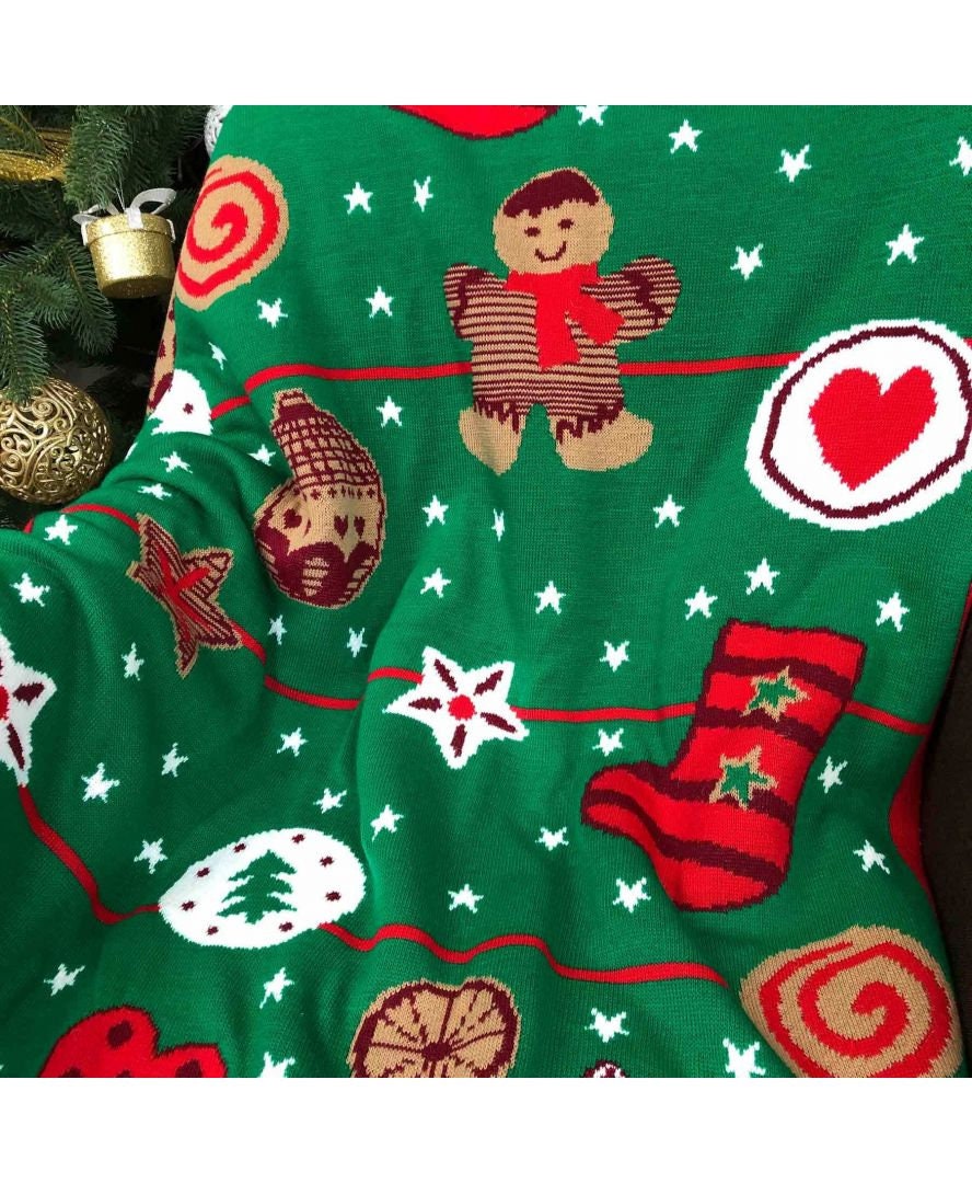 Green Knitted Pillowcase With Gingerbread Man Pattern | Festive Home Decor, Pillow Cover With Tassels, Winter Holidays Gift Idea For Family