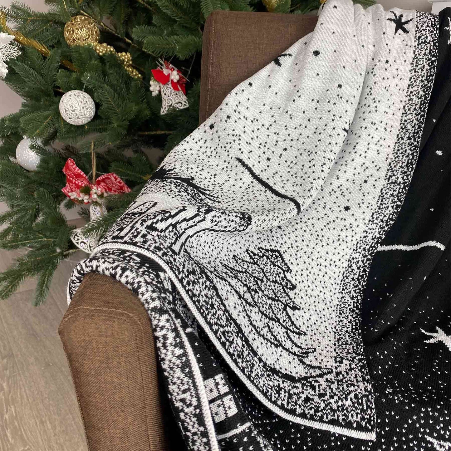 Two Sided Black And White Christmas Knitted Blanket With Stars, X-mas Tree | Winter Holiday Housewarming Gift Idea