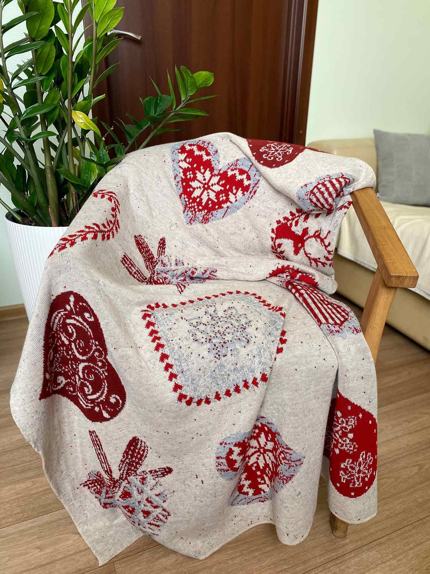 Beige Blanket With A Reindeer And Red Hearts Pattern | Festive Throw, Home Decor, Bedroom textile, Present Idea