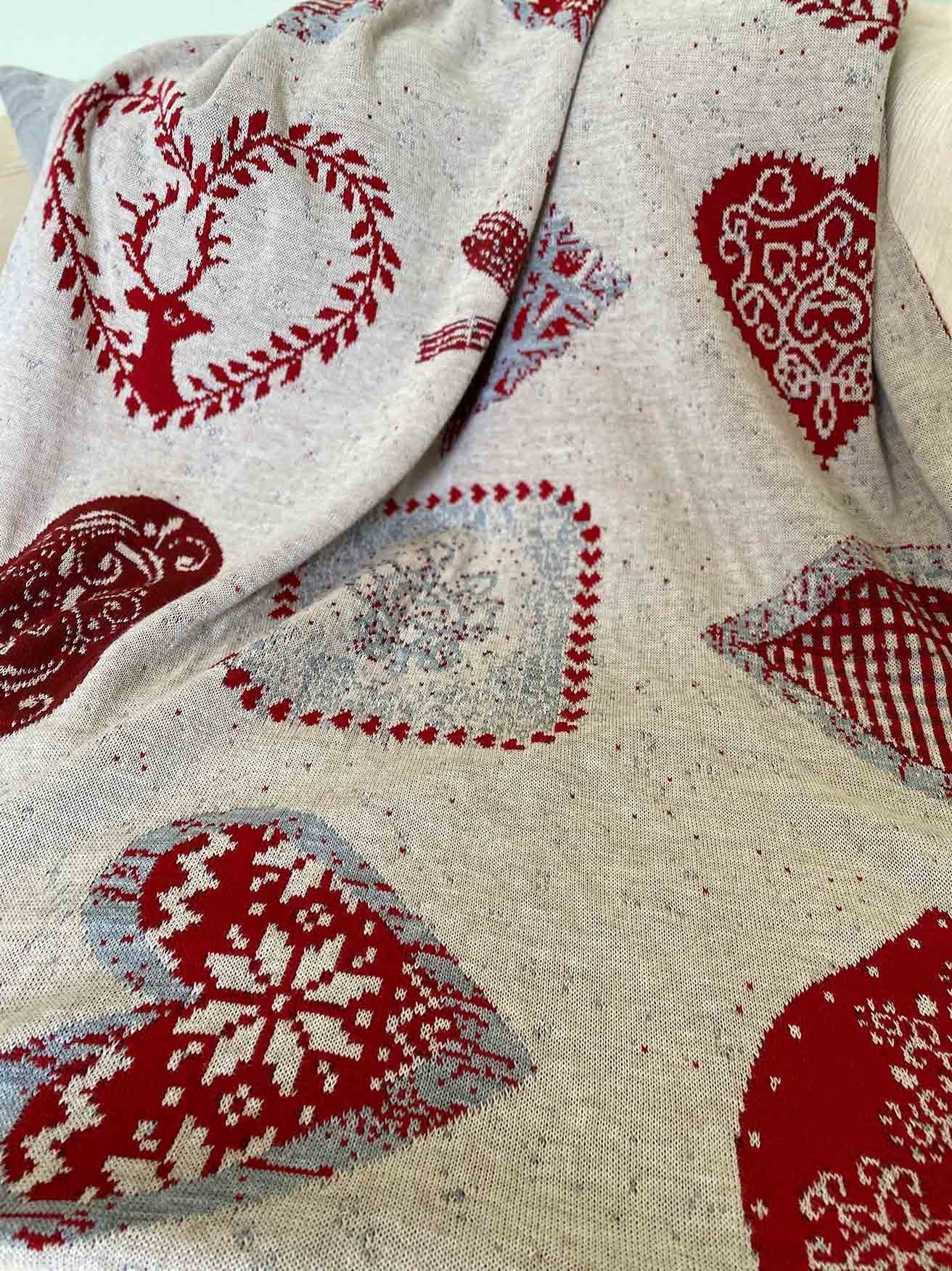 Beige Blanket With A Reindeer And Red Hearts Pattern | Festive Throw, Home Decor, Bedroom textile, Present Idea