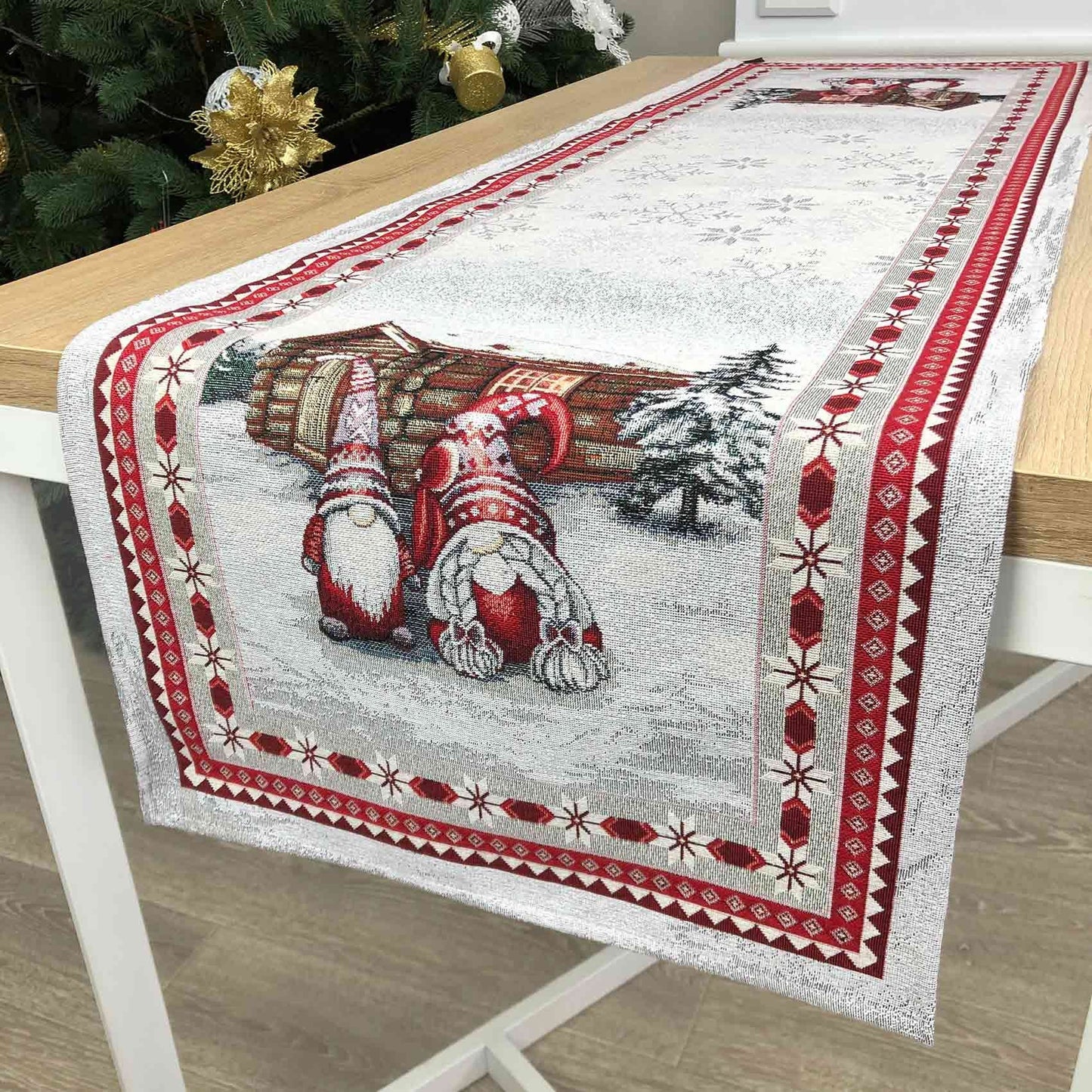 White Christmas Tapestry Tablecloth With Gnomes, Hut And Ukrainian Pattern | Festive New Year Home Decor, Winter Holiday Textile Print.